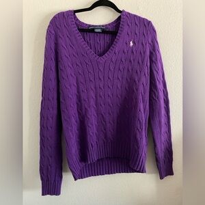 Polo Ralph Lauren Cable Knit Sweater V Neck Purple Cotton Logo M/L